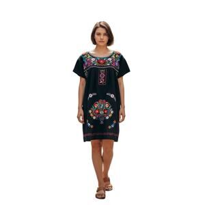 Mexico Embroidered Floral Cotton Mini Dress Womens M Black Boho Oaxaca Tunic ^